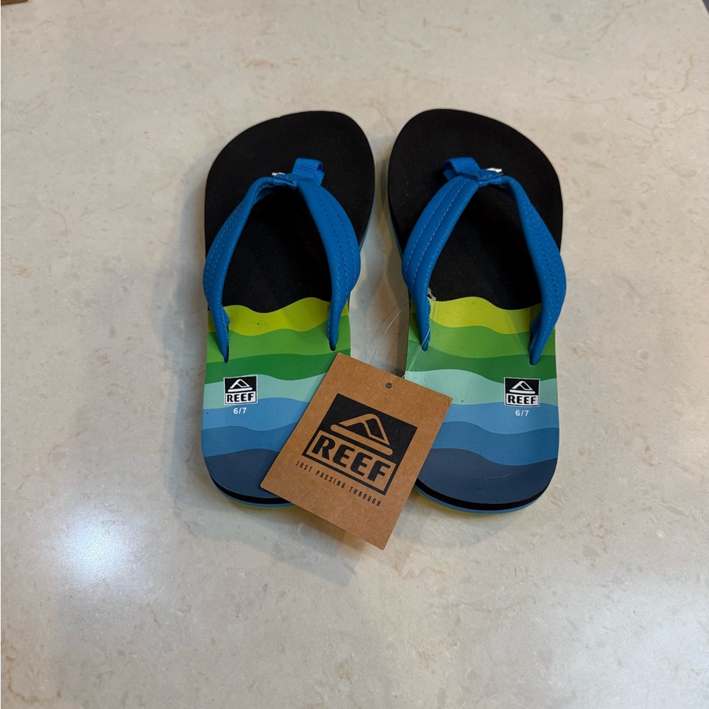 NEW. Reef Kids Flip Flops - Blue and Green Stripes
